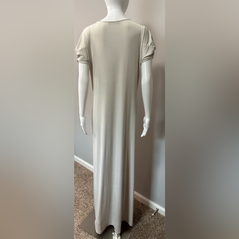 👗 Nothing But Love Plunging Ruched Beige Evening Dress - Size Large ✨ - Picture 8 of 15
